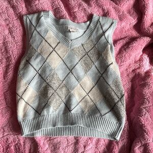 blue grandpa sweater design short sleeved cropped sweater with v-neck. worn once